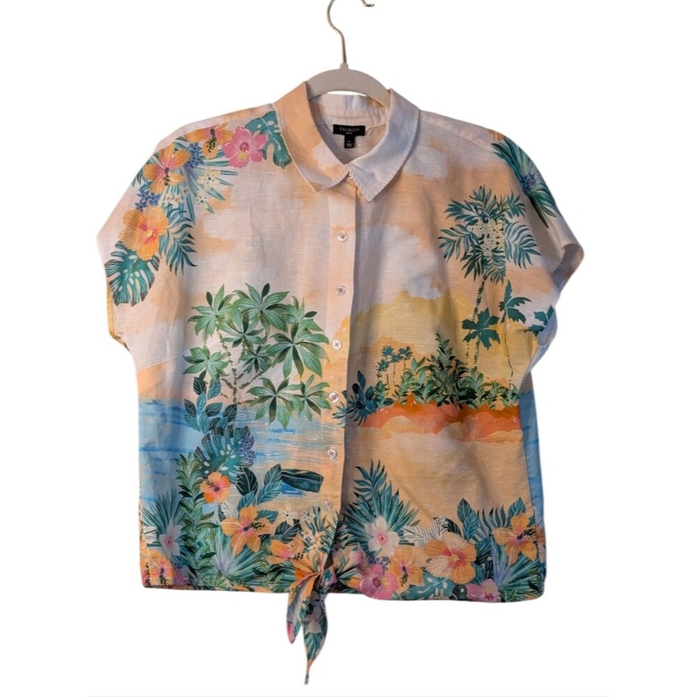 Talbots Linen Cotton Tie Hem Button Front Top size LP Sunset Horizon tropical